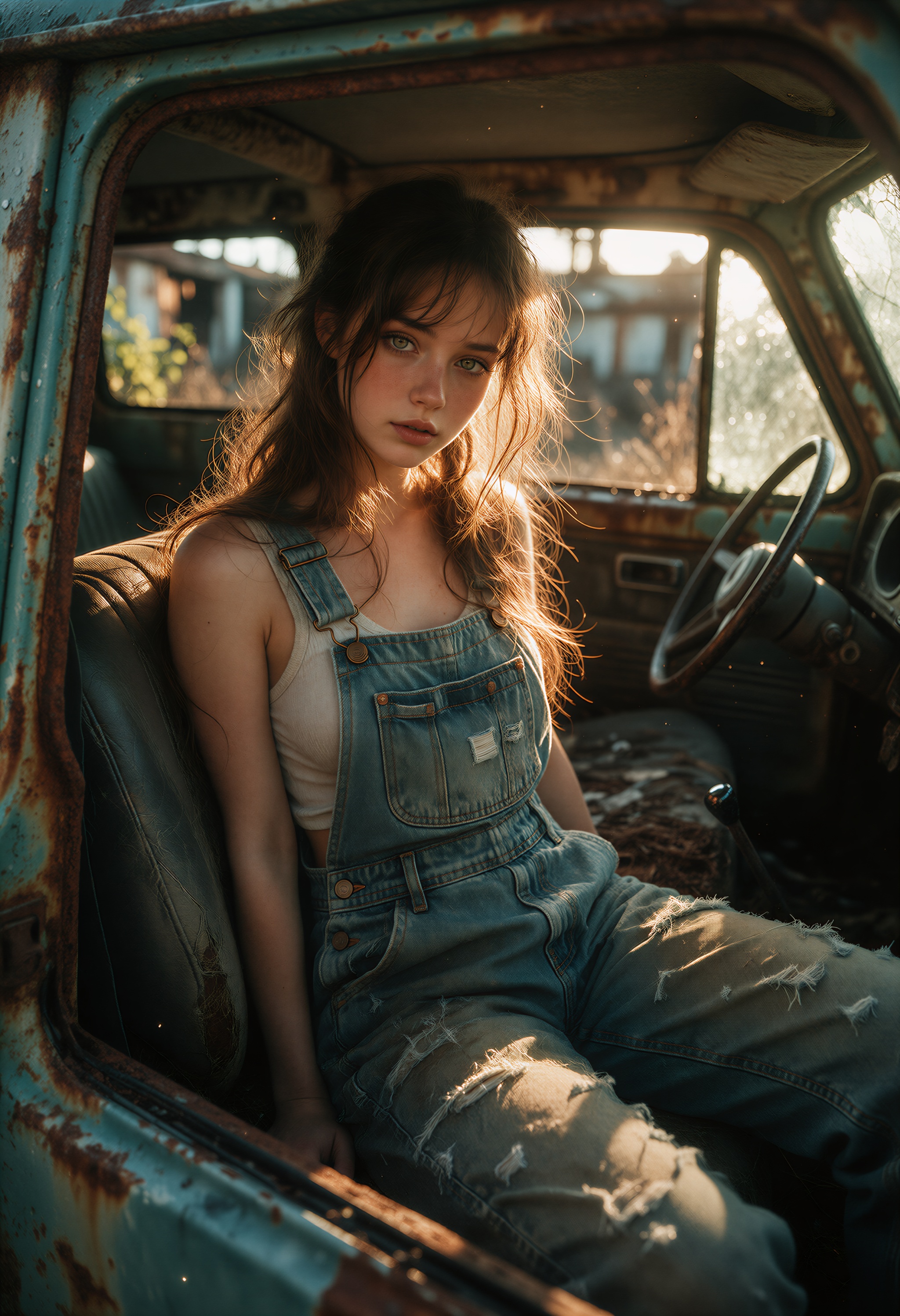 DRKM4GE,  A young woman sits inside the front cabin of an old abandoned turquoise vehicle,  framed through the open side w...