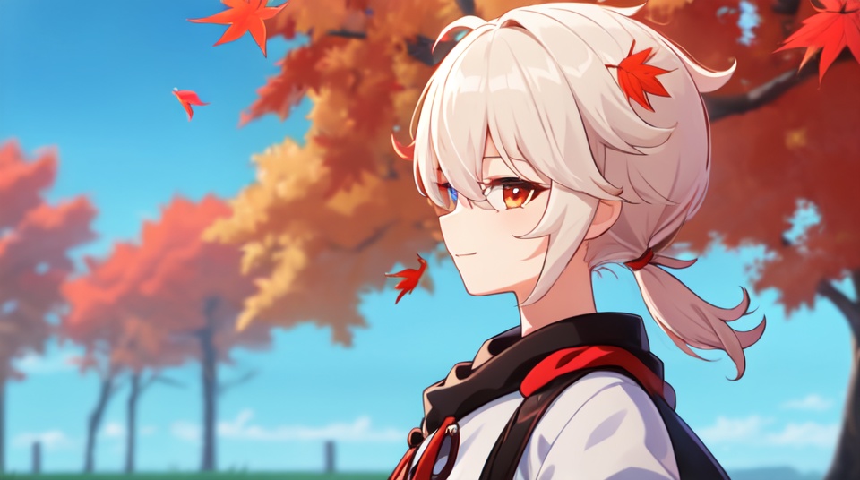 masterpiece,best quality,absurdres,(upper_body:1.4),(from side:1.4),anime screencap,in autumn,sunset,outdoors,maple forest,maple leaves falling,kaedehara kazuha,1boy,male focus,solo,standing,looking at viewer,short hair,multicolored hair,white hair,bangs,streaked hair,red hair,short low ponytail,perfect face,red eyes,eyelashes,very beautiful eyes,stars in the eyes,light smile,hair between eyes,closed mouth,<lora:kazuha:0.8>,