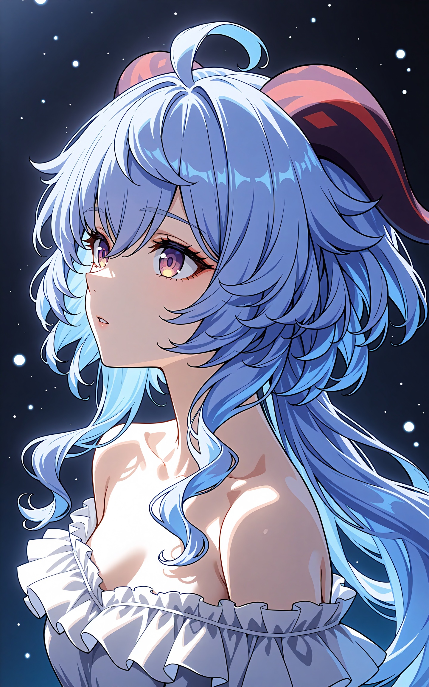 niji style,enhance light and shadow,ganyu_\(genshin_impact\),1girl,solo,long_hair,bangs,bare_shoulders,blue_hair,purple_eyes,collarbone,upper_body,ahoge,sidelocks,frills,parted_lips,horns,off_shoulder,from_side,low_ponytail,goat_horns,<lora:noobai_v-niji style-v2-000020:0.8>,