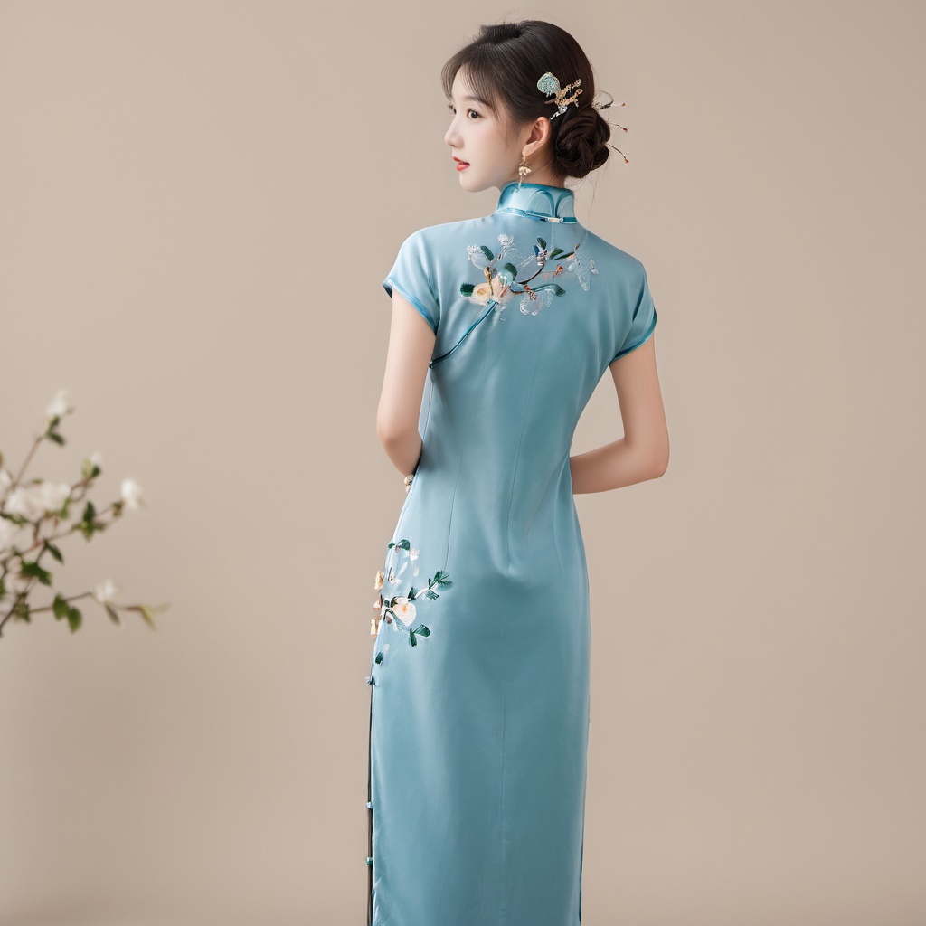(Solo),from behind, full body, a 20-year-old beautiful idol girl wearing cheongsam, simple background, indoor, standing,