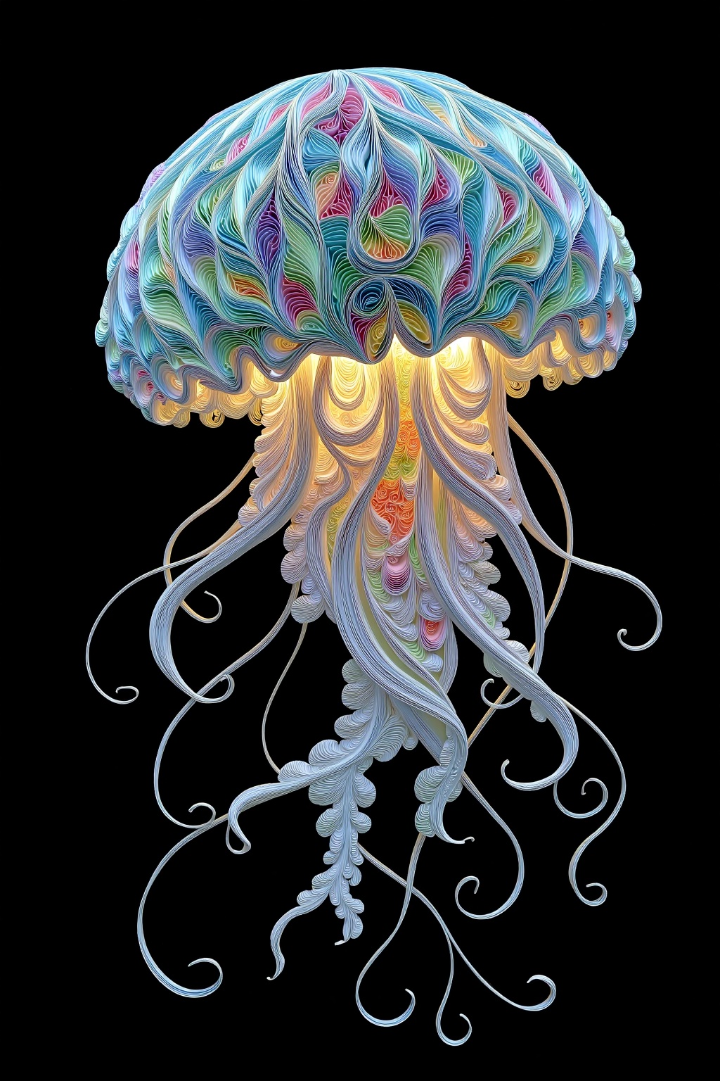 beijihui,a jellyfish floating midair, body and tendrils shaped from delicate translucent paper strips, glowing with internal volume