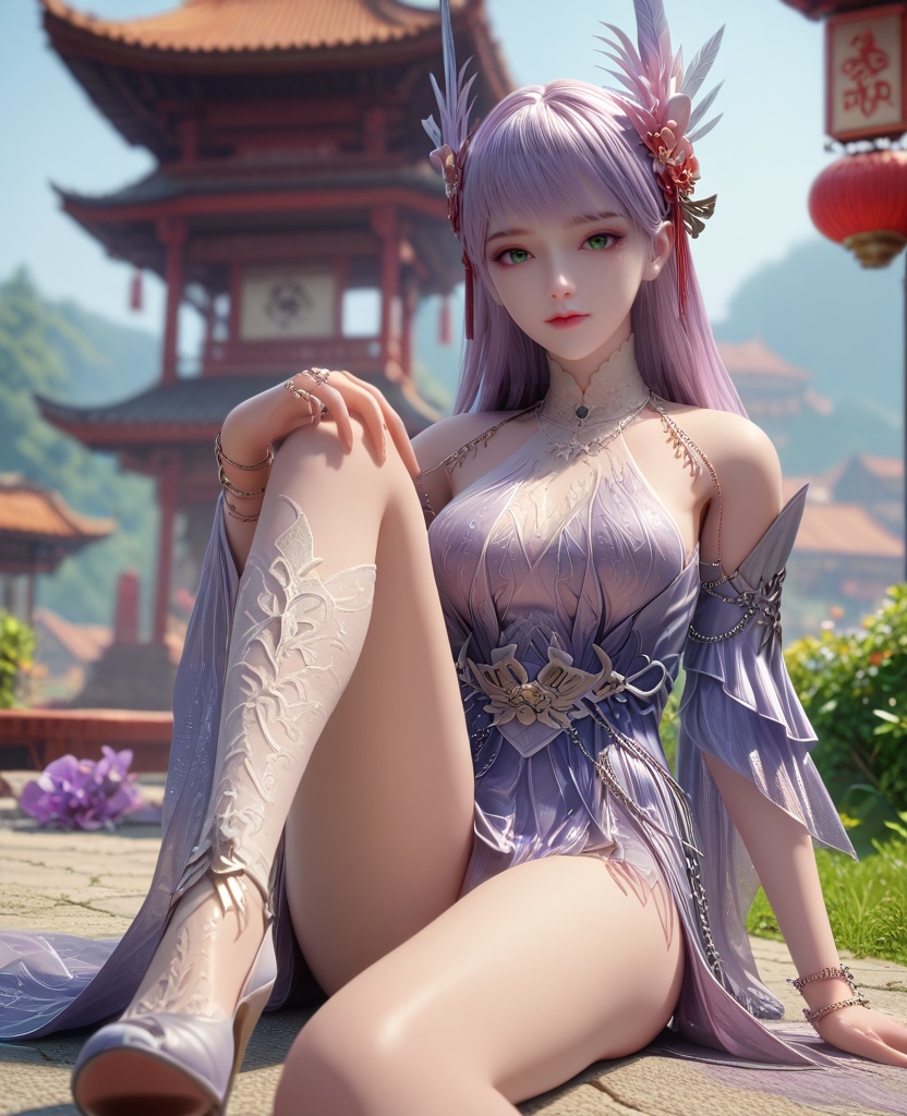 (oriental architecture, elegant decor, sophisticated style:1.1),(Sitting, on the ground, hugging knees to the chest,:1.1),(breasts:1.2),<lora:XL16克金玩家林紫玥:0.95>,miss linziyao,lavender dress,green eyes,decorative left eye foils,lilac hair,long hair,hair ornament,bare shoulders,detached sleeves,jewelry,sash,bracelet,white socks with embroidery,, zPDXL2, score_9, score_8_up, score_7_up BREAK realistic, masterpiece,best quality, highly detailed,, zPDXL3, zPDXL2,zPDXL, zPDXLxxx, zPDXLrl,