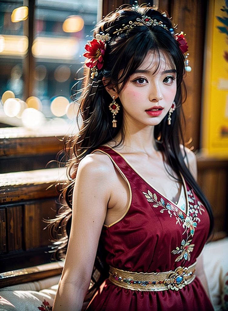 a woman in a red dress sitting down with her hand on her hip and a flower in her hair,blurry,1girl,depth_of_field,blurry_background,earrings,jewelry,bokeh,hair_ornament,solo,long_hair,lens_flare,black_hair,moon,dress,lips,hair_flower,chinese_clothes,breasts,<lora:国风写实V1.0:0.8>,