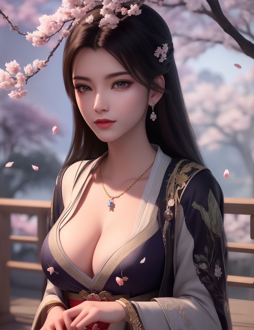 ultra realistic 8k cg, picture-perfect face, flawless, clean, masterpiece, professional artwork, famous artwork, cinematic lighting, cinematic bloom, perfect face, beautiful face, fantasy, dreamlike, unreal, science fiction, huge breasts, beautiful clothes, lace, lace trim, lace-trimmed legwear,  (rich:1.4), prestige, luxury, jewelry, diamond, gold, pearl, gem, sapphire, ruby, emerald, intricate detail, delicate pattern, charming, alluring, seductive, erotic, enchanting, hair ornament, necklace, earrings, bracelet, armlet,halo((,1girl, pov,))(((cherry_blossoms, branch, 1girl, tree, spring_\(season\), solo, petals, black_hair, japanese_clothes,looking at viewer, )))     <lora:DA_YueYaoMenswear:0.6>