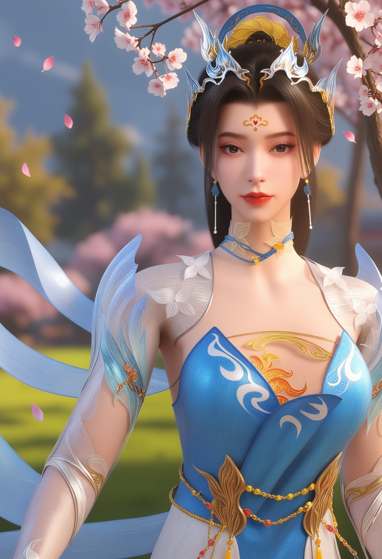 score_9,score_8_up,score_7_up,1girl,solo,realistic,(cowboy_shot:1.4),1girl,solo,realistic,dress,blue dress,white dress,chinese clothes,armor,backless outfit,backless dress,white gloves,gloves,(shawl:1.3),(tassel:1.2),beads,see-through,see-through sleeves,realistic,floral print,flower,1girl,solo,realistic,jewelry,tiara,crown,earrings,choker,necklace,bracelet,1girl,solo,realistic,(mature face:1.4),(big eye:0.7),(pale_skin:1.1),(shiny_skin:1.1),(slender face:1.2),long hair,brown hair,hair bun,black eyes,forehead mark,facial mark,makeup,eyelashes,eyeshadow,hair ornament,hair rings,red lips,closed mouth,realistic,grass,madotsuki,cherry blossoms,falling petals,petals,outdoors,tree,rock,water,<lora:小巳-炽阳华明-外出服饰:0.85>,