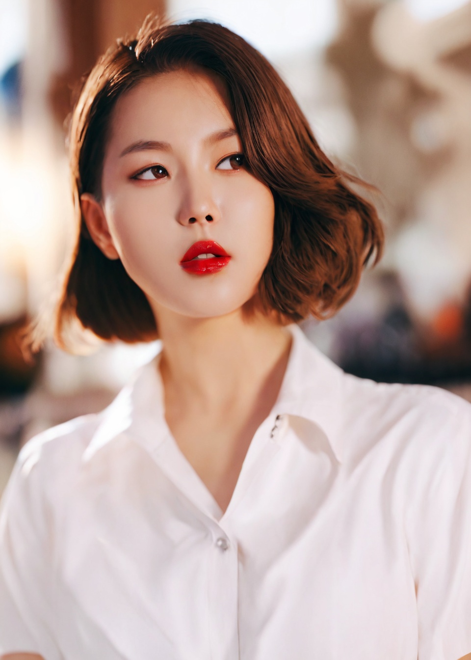 score_9,score_8_up,score_7_up,1girl,solo,shirt,brown hair,white shirt,blurry background,realistic,blurry,brown eyes,collared shirt,looking to the side,red lips,upper body,parted lips,short hair,lips,medium hair,photorealistic,lipstick,