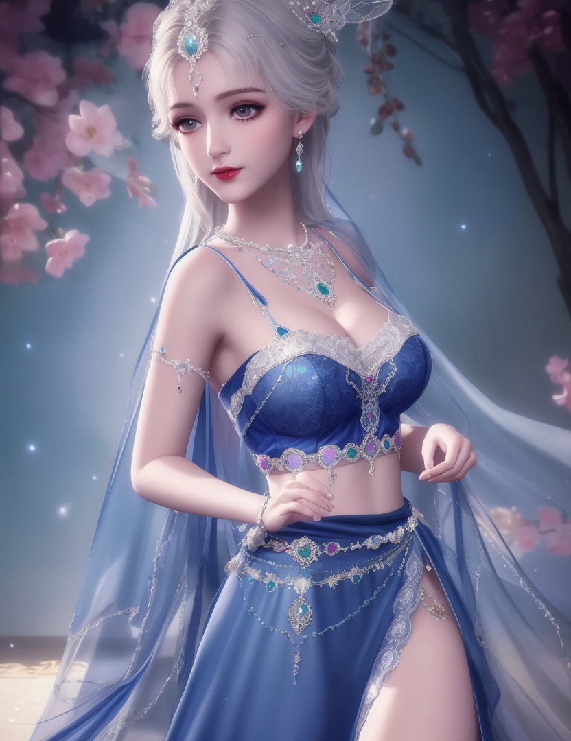ultra realistic 8k cg, picture-perfect face, flawless, clean, masterpiece, professional artwork, famous artwork, cinematic lighting, cinematic bloom, perfect face, beautiful face, fantasy, dreamlike, unreal, science fiction, huge breasts, beautiful clothes, lace, lace trim, lace-trimmed legwear, (rich:1.4), prestige, luxury, jewelry, diamond, gold, pearl, gem, sapphire, ruby, emerald, intricate detail, delicate pattern, charming, alluring, seductive, erotic, enchanting, hair ornament, necklace, earrings, bracelet, armlet,halo ((,1girl:1.5,   solo, ))<lora:DA_NikkiChangEr2.0:0.6>
