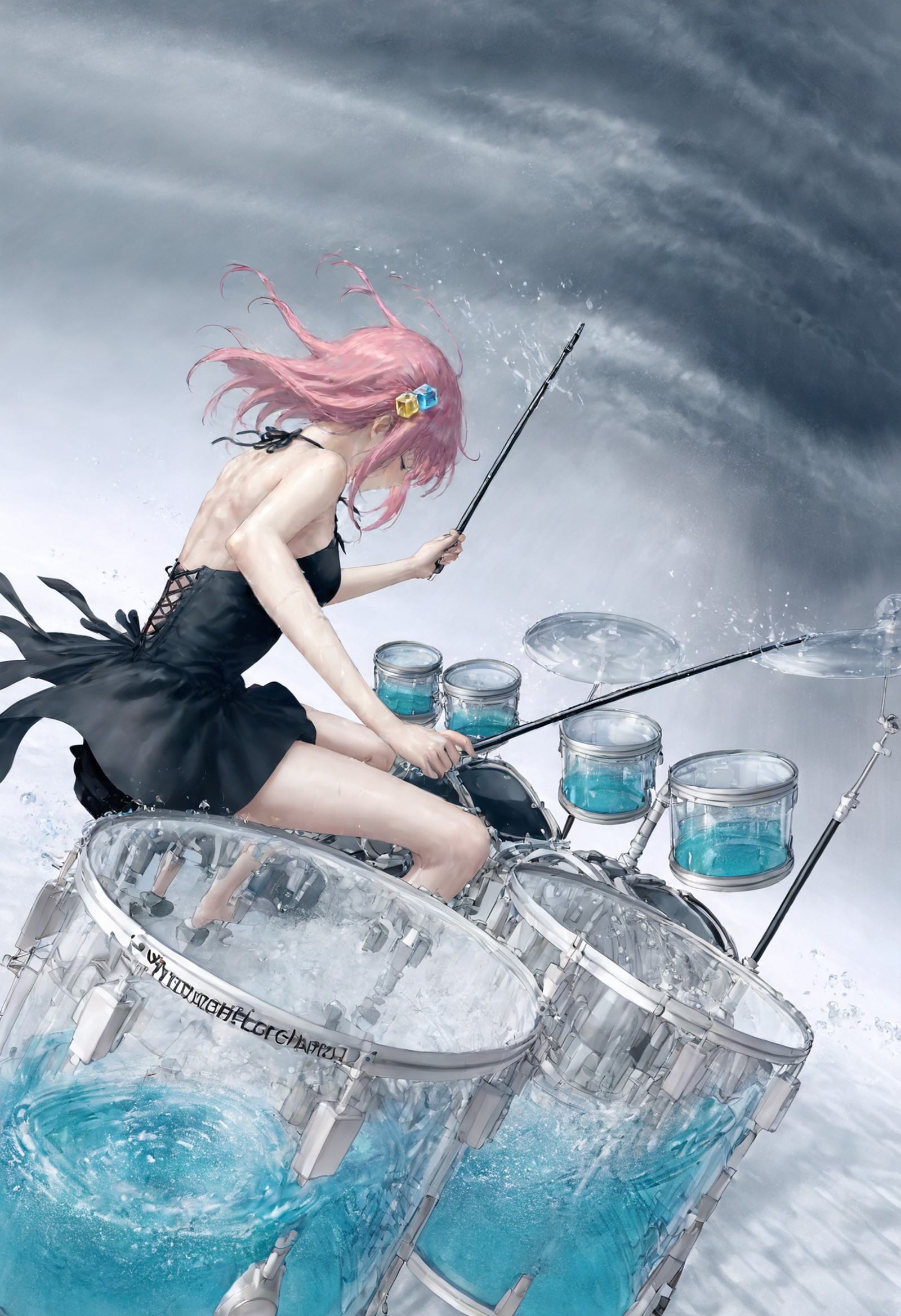 a girl playing drums in the ocean with water splashing around her and a drum set in the background,  1girl,  gotoh hitori...
