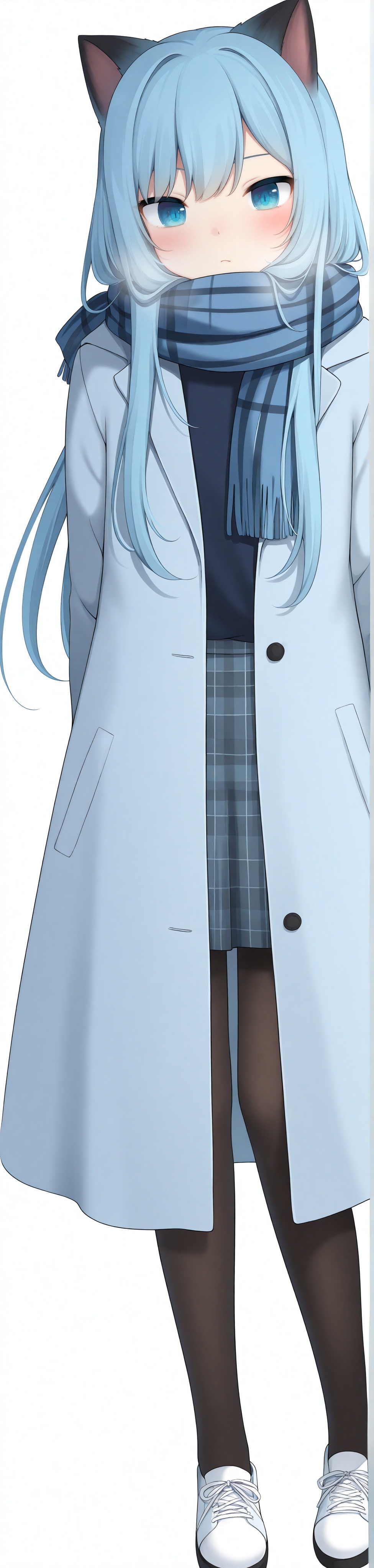 slit_pupils,amashiro natsuki, CHARACTERS-nekohashizuku, 1girl, solo, blue hair, skirt, animal ears, blue eyes, pantyhose, scarf, full body, transparent background, plaid, coat, blue scarf, looking at viewer, standing, long hair, plaid skirt, blue coat, open coat, blush, shoes, arms behind back,masterpiece, best quality, newest, highres, absurdres, newest,