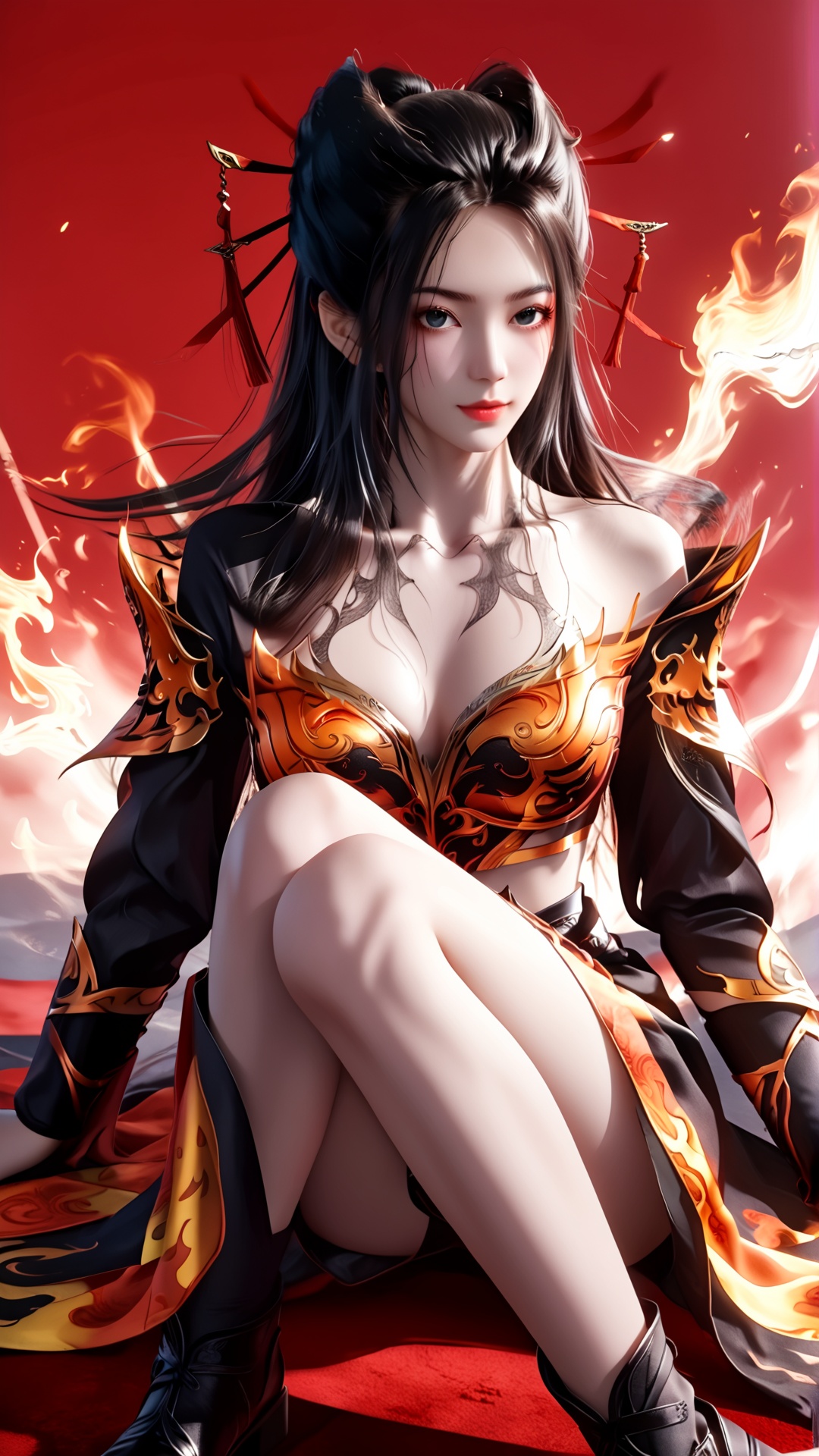 The image is a digital illustration of a young woman sitting on a red carpet with a red background. She is wearing a black and orange outfit with intricate designs and patterns. The outfit has a high neckline and long sleeves, and the bodice is covered in flames. The woman has long dark hair styled in a dramatic updo with two large horns on either side of her head. She has tattoos on her arms and legs, and her hands are resting on her knees. The overall mood of the image is intense and powerful.,<lora:pony焰:0.8>,