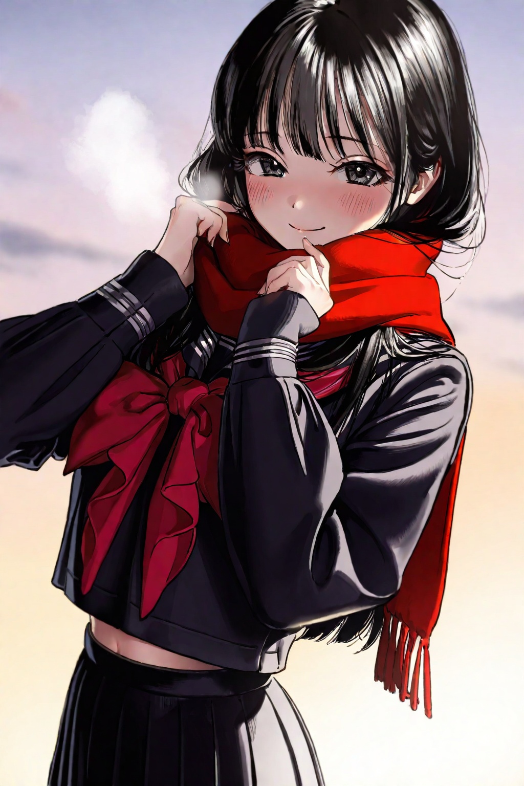 highres,absurdres,very awa,masterpiece,best quality,newest,year 2024,\n,<lora:BetterLine-Style:1>,\n,(upper body:1.6),1girl,solo,red scarf,long hair,scarf,skirt,school uniform,serafuku,black eyes,black hair,blush,looking at viewer,neckerchief,smile,black skirt,pleated skirt,long sleeves,red neckerchief,closed mouth,midriff peek,shirt,black serafuku,breath,sleeves past wrists,black shirt,