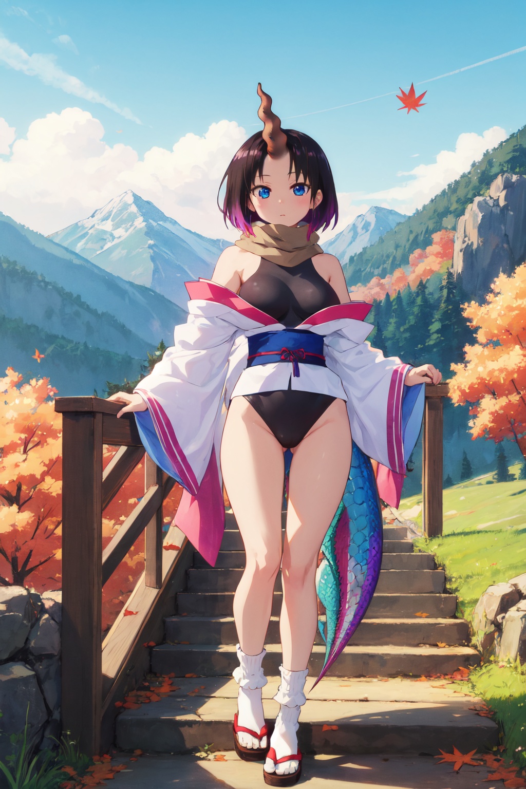 <lora:Elma-000013:0.8>,Elma CYQL,1girl,looking at viewer,solo,dragon girl,short hair,black hair,purple hair,multicolored hair,gradient hair,horns,single horn,dragon horns,blue eyes,sash,japanese clothes,scarf,obi,breasts,black leotard,leotard,large breasts,kimono,leotard under clothes,off shoulder,bare shoulders,tail,dragon tail,socks,smile,upper_body,Tiered along the mountain slopes, these steps of earth resemble a staircase for giants, dressed in tender green during spring and turning golden in autumn,(Lavender rows, Purple hues, Evening glow, Fragrant air, Harvest time, Provencal landscape:0.5),beautiful detailed sky,beautiful detailed glow,posing in front of a colorful and dynamic background,masterpiece,best quality,beautiful and aesthetic,contrapposto,female focus,wallpaper,