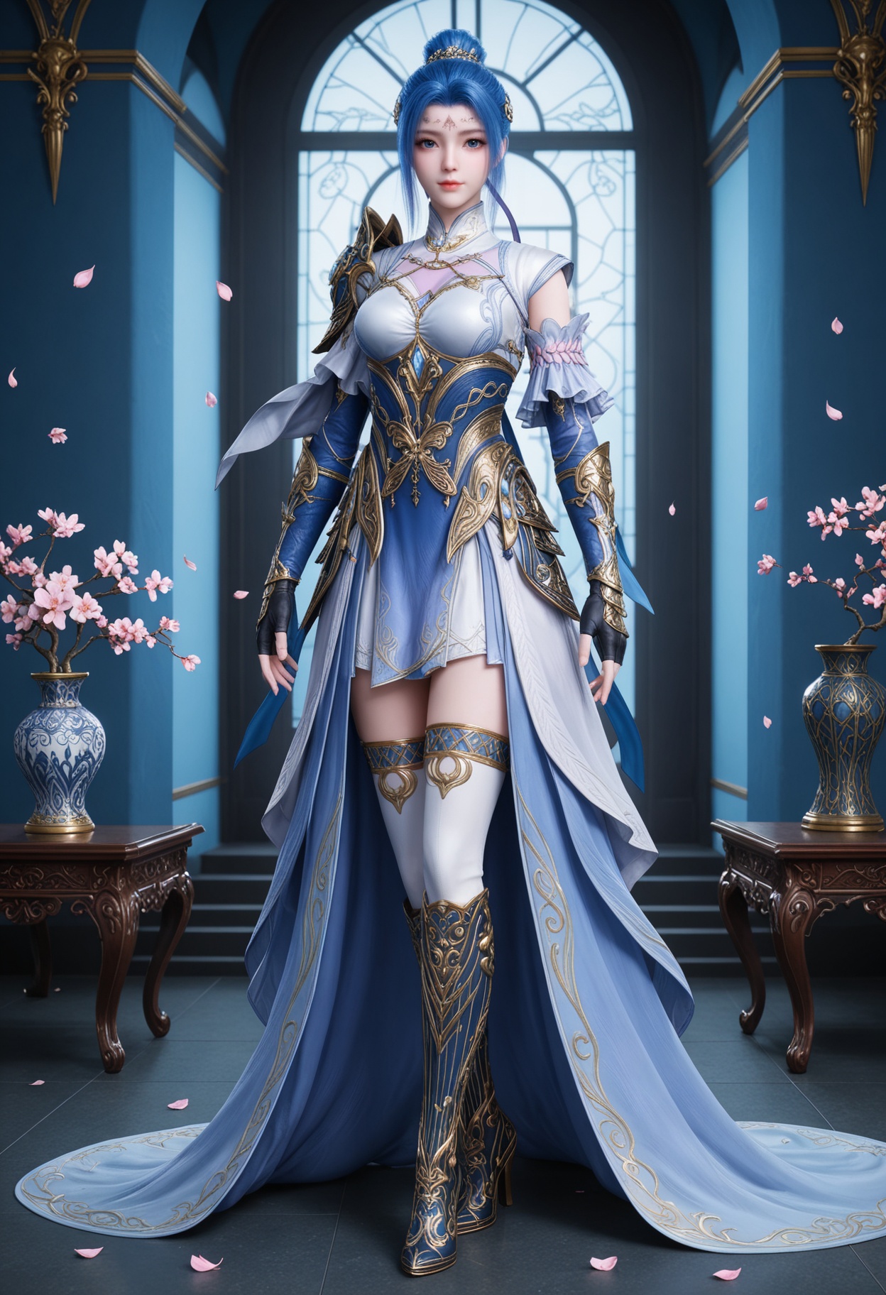 (standing full_body:1.1),(looking at viewer:1.1),masterpiece,(best quality),smog,Dark room,dim lighting,peach blossom,falling petals,<lora:YQ_Illustrious光辉v5_唐舞桐_服装4_V1:0.8>,q1528437228,1girl,solo,blue hair,dress,blue eyes,hair bun,hair ornament,armor,gloves,single hair bun,forehead mark,white dress,fingerless gloves,boots,thighhighs,shoulder armor,high heels,short hair,long hair,blue dress,high heel boots,black gloves,detached sleeves,knee boots,multicolored hair,pauldrons,jewelry,skirt,white thighhighs,