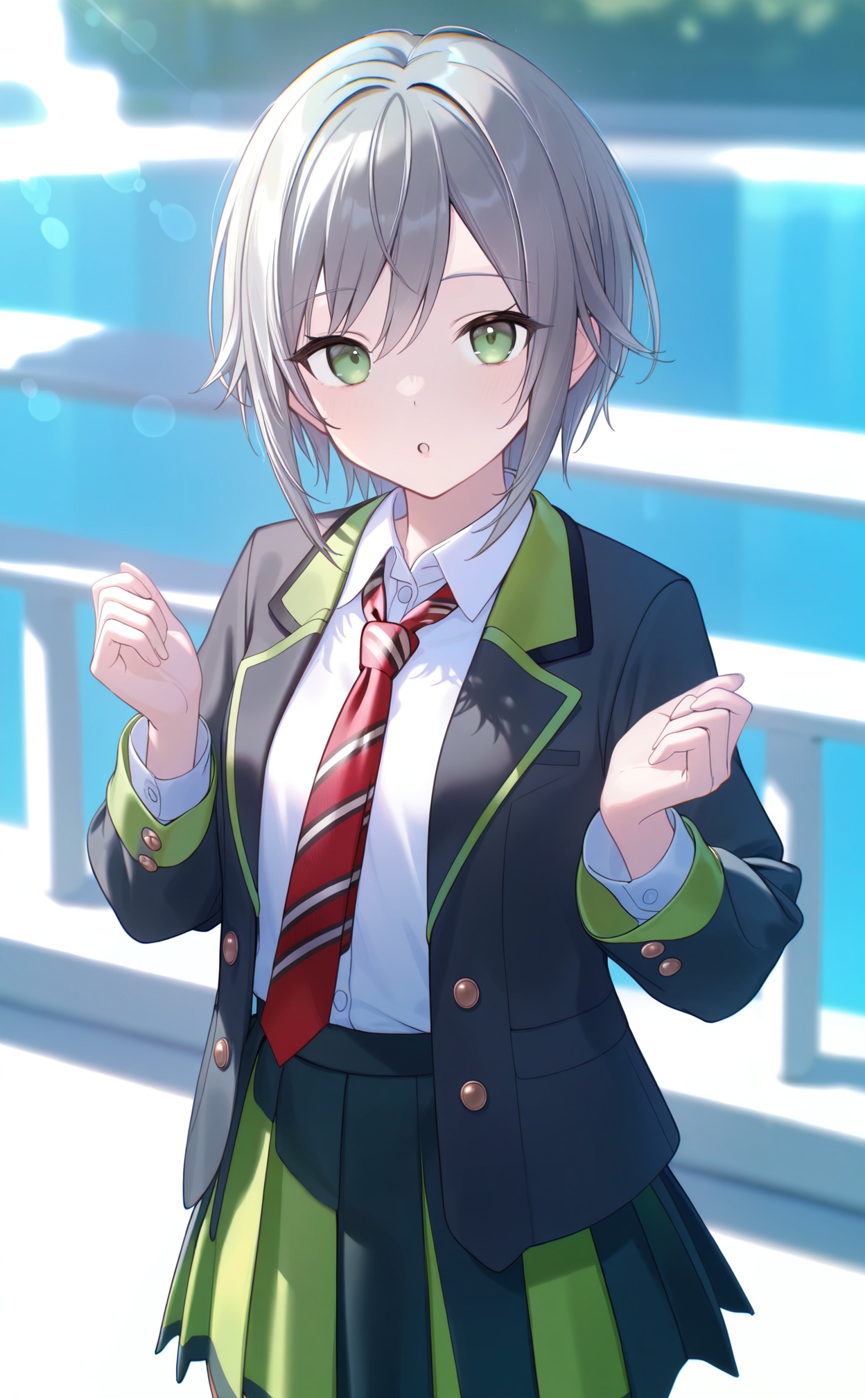 masterpiece,very aware,(highres),absurdres,newest,best quality,high quality,chromatic_aberration,White Theme,lightblue Theme,//,1girl, jacket, solo, shirt, skirt, white shirt, pleated skirt, green eyes, necktie, diagonal-striped necktie, collared shirt, diagonal-striped clothes, grey hair, open jacket, black jacket, open clothes, school uniform, red necktie, looking at viewer, blazer, :o, black skirt, long sleeves, striped clothes, dress shirt, hands up, blurry background, standing, striped necktie, short hair, parted lips, blurry, hair between eyes, railing, outdoors, green skirt//,absurdres,newest,very aesthetic,amazing quality,highres,sensitive,ultra detailed,best anatomy,HDR,8K,high detail RAW color art,high contrast,illustration,depth of field,(colorful),phenomenal aesthetic,detailed light,blurred picture,Tyndall effect,contrast,lens flare,cinematic lighting,//,<lora:timmoo——【noob】hans:1>,