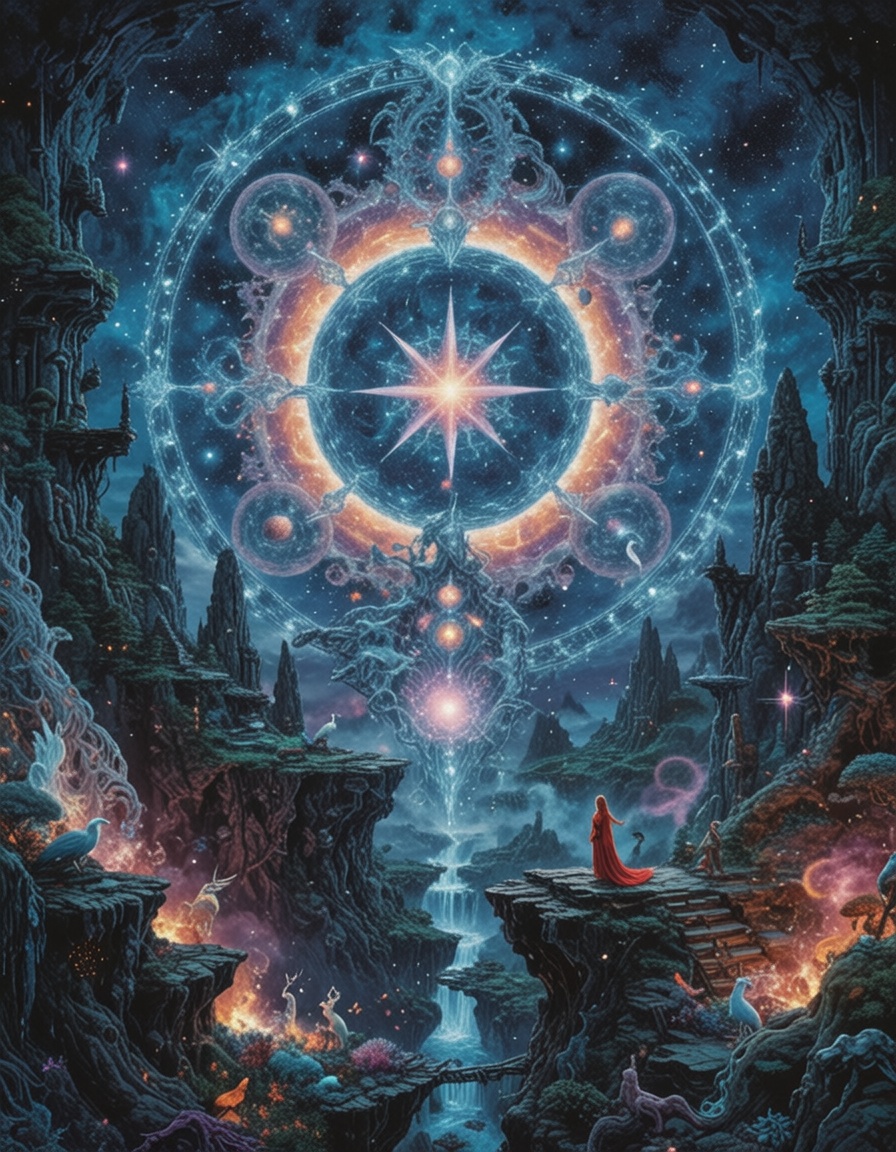Envision a masterpiece where celestial tapestries intertwine with ethereal creatures and towering crystalline structures,...