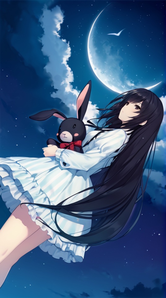 (best quality), ((masterpiece)), (highres), illustration, original, extremely detailed,   <lora:黑暗物语 葬の花:0.7>1girl, solo, stuffed toy, long hair, stuffed bunny, stuffed animal, moon, black hair, sky, cloud, dress, night, dutch angle, very long hair