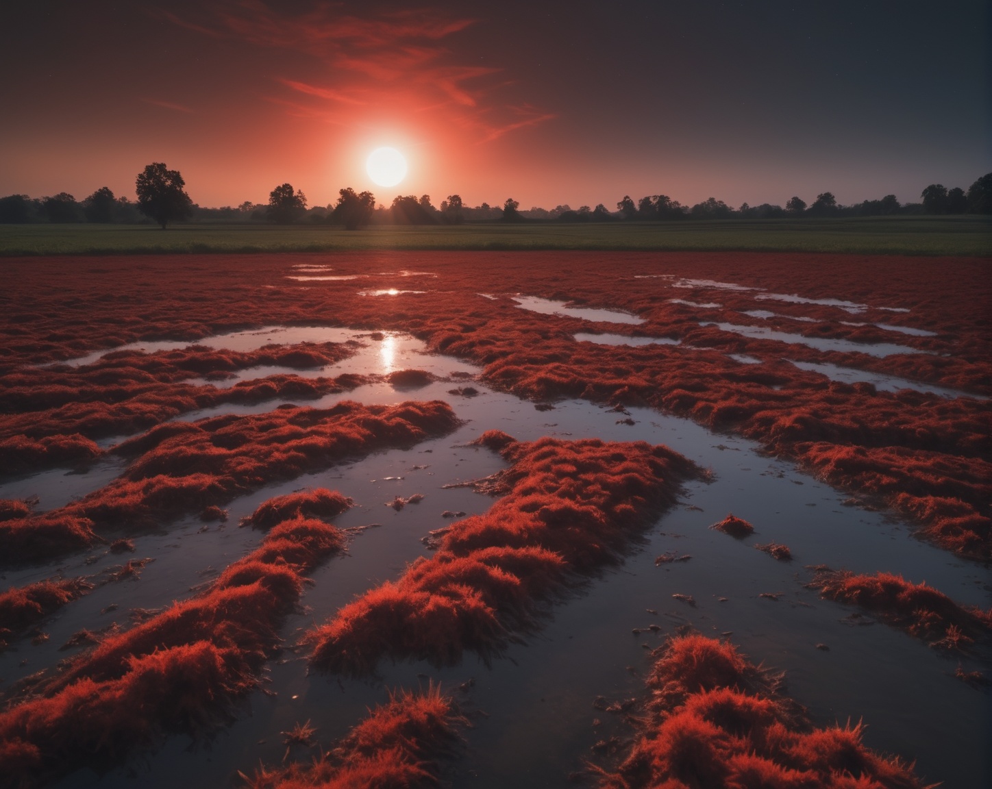 detailed landscape photo of a red moon field ,  reflecting puddles,  epic sunny day on Tensor.Art