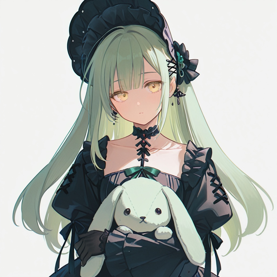 masterpiece, best quality,solo,(white background:1.2),simple background,1girl,looking at viewer,      Wakaba Mutsumi,long hair,green hair,bangs,blunt bangs,yellow eyes,hair ornament,hairclip,blonde hair, gloves, long sleeves, dress, bow,flower,boots,frills, choker, black gloves,black footwear,black dress, black headwear,black bow, black choker,stuffed toy,frilled dress, knee boots, stuffed animal, lolita fashion, bonnet,collarbone,thighhighs,hat,jewelry,puffy sleeves,black thighhighs,high heels, gothic lolita, stuffed bunny,Lop Ear,animal ears<lora:舟睦1ll01:0.8>