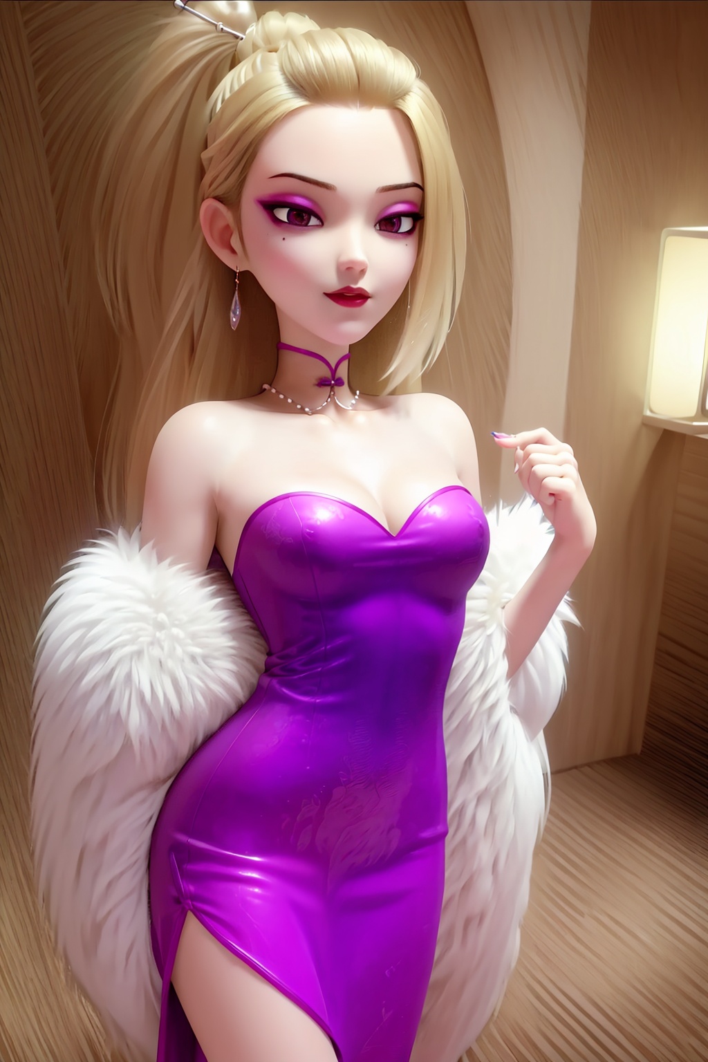 standing, dress, chinese clothes, looking at viewer, (hotel room, ryokan, plant, bonsai, potted plant,day), 1girl,solo,  eyeshadow, blonde hair,  long hair,  mole, mole under eye, forehead mark,facial mark,hair ornament,jewelry,earrings, purple dress, white legwear,fingernails, nail polish,(expressions:1.3), special feeling \(meme\), (symbol-only commentary),  photo_\(medium\),(breasts, small  breasts,  cleavage),makeup,(8k, RAW photo, best quality, masterpiece:1.2),(realistic, photorealistic:1.3),ultra-detailed,extremely detailed cg 8k wallpaper,(crystalstexture skin:1.2), (glowing skin:1.2),  (shiny skin:1.2), extremely delicate and beautiful,<lora:syqiangk_加强_牛夫人_熊出没_C9_2.1:0.8>,