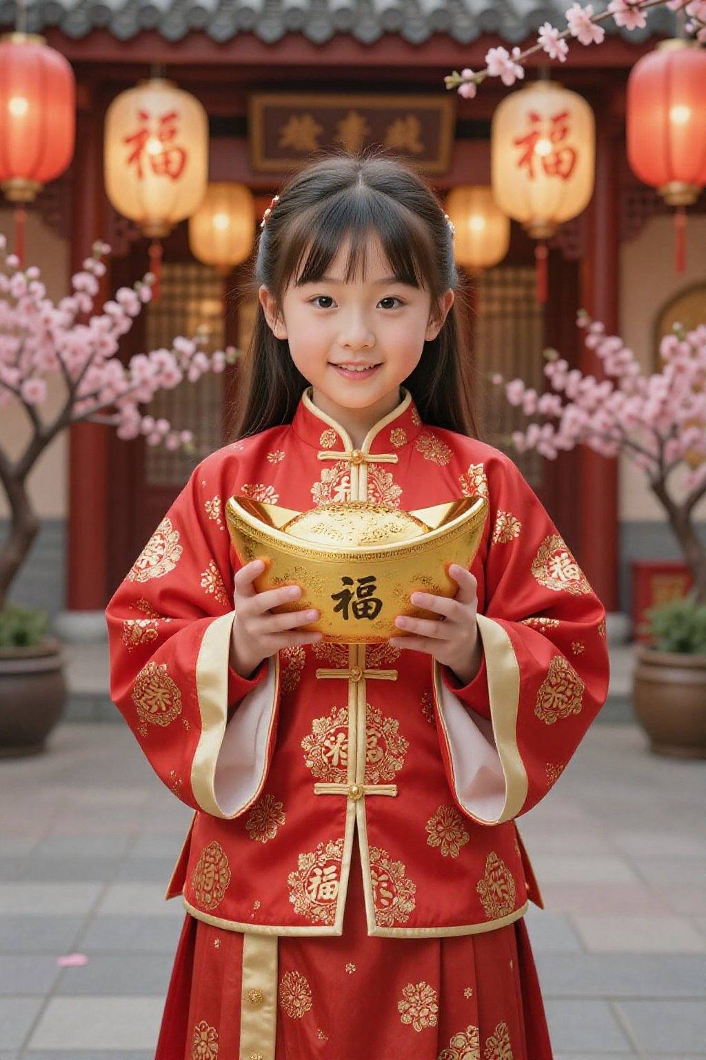 <lora:20260216_TinZIGirlLora9:1>, 一个年轻女孩,着中国传统红色服装，饰有金色花卉图案和金色镶边。上面装饰着金色的图案和汉字“福”（寓意“祝福”或“好运”）。它双手捧着一个金元宝，金元宝的顶表面有着复杂的图案，金元宝前面表面有汉字“福”（寓意“祝福”或“好运”）。背景为中国新年院子里，很多花灯，花灯上有汉字“福”（寓意“祝福”或“好运”）。桃树和桃花，使得色彩缤纷的人物更加突出。