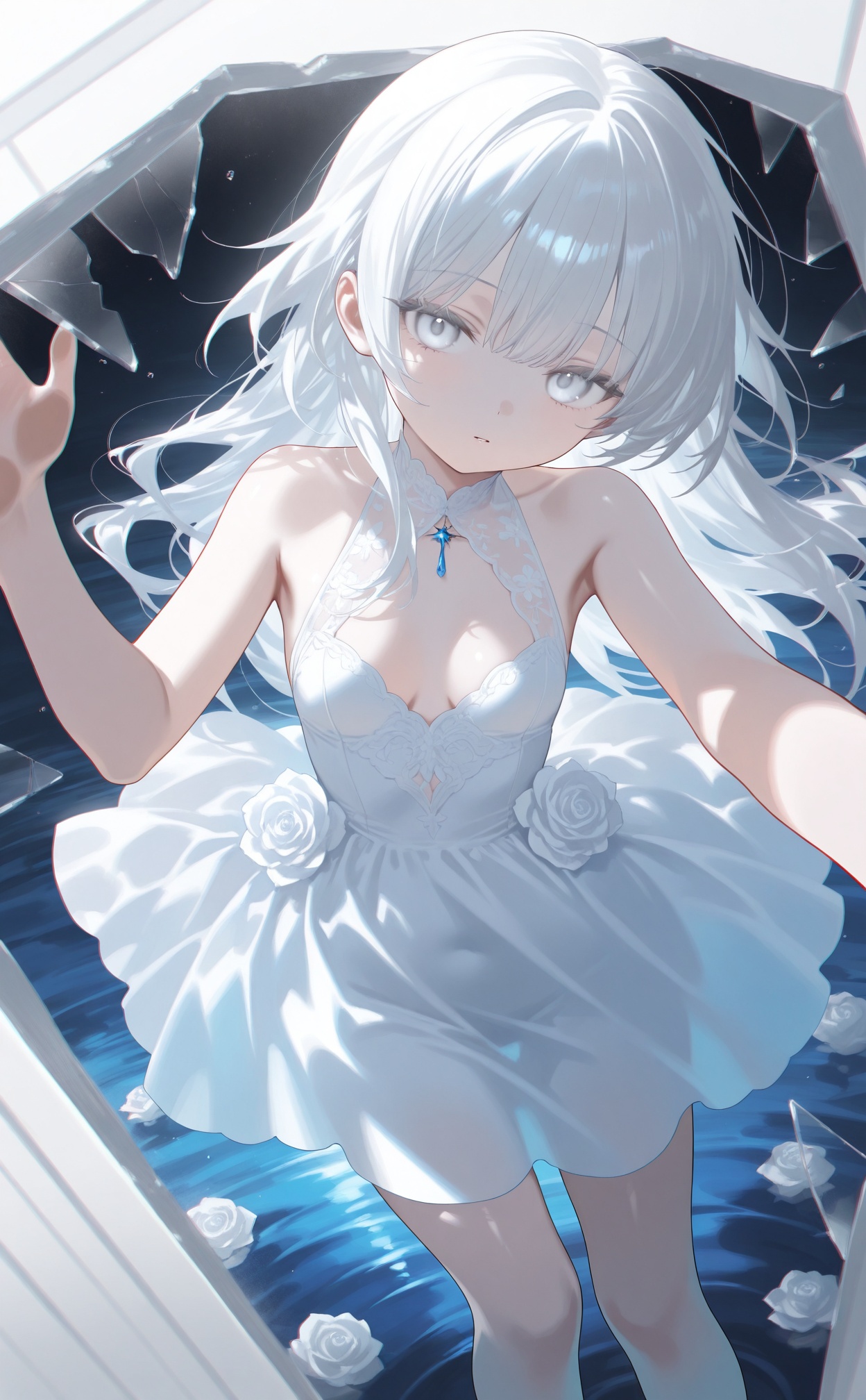 masterpiece,absurdres,best quality,((petite)),loli,high quality,chromatic_aberration,shiny_skin,//,1girl,solo,long hair,dress,looking at viewer,white eyes,glass,white dress,grey eyes,white hair,flower,broken glass,white theme,dress flower,blue theme,bare shoulders,glass shards,white flower,reaching,reaching towards viewer,water,parted lips,closed mouth,sleeveless,reflection,sleeveless dress,white rose,watermark,expressionless,
