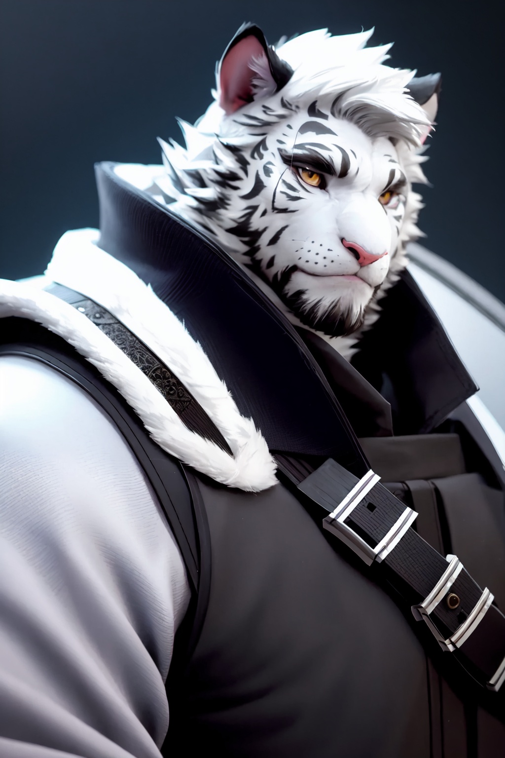 portrait,close-up,upper body,mountain_(arknights),tiger_boy,scar_across_eye,solo,1boy,white_fur,furry_male,muscular_male,bara,scar_on_face<lora:mountain_(arknights):1>,simple background,white backgroundmasterpiece,best quality, highly detailed, 