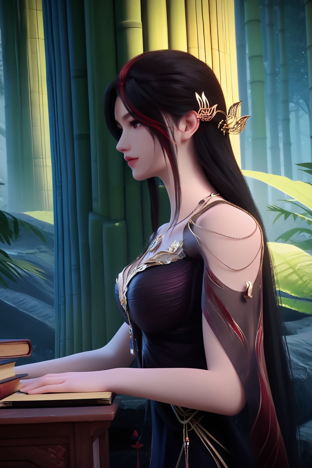 (Leaning against a marble pillar, she holds a book close to her heart, her expression serene:1.2),<lora:XL16神国之上赵襄儿黑纱:0.95>,miss zhaoxianger,black corset gown,brown eyes,black hair,red streaked hair,very long hair,hair ornament,jewelry,(large breasts:1.2),bamboo forest,water,stone,pondel,, score_9,score_8_up,score_7_up,score_6_up,score_5_up,score_4_up,3d rendering,tag1,tag2, Cinematic Lighting,backlighting,