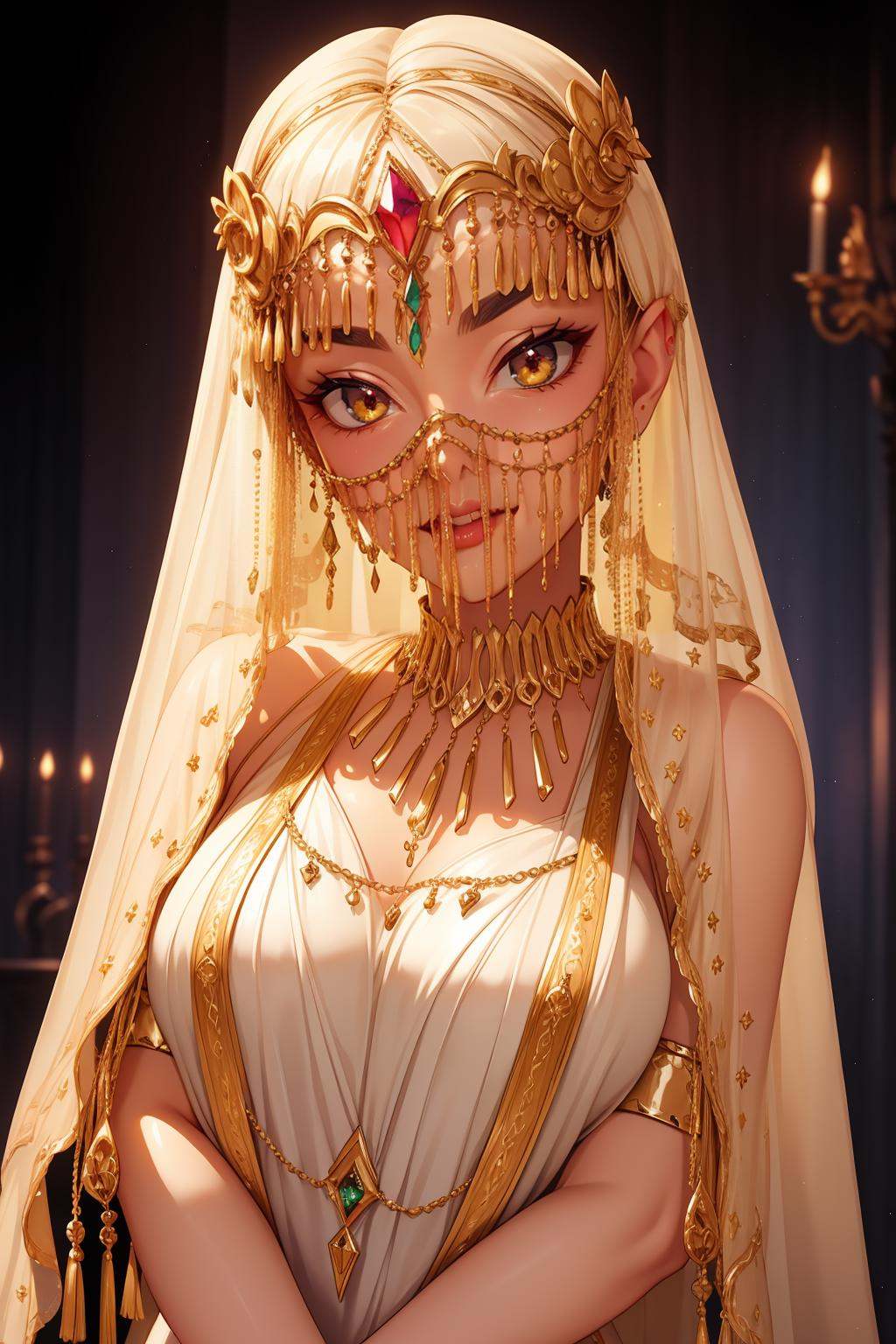 faceveilmask,  (chiffon long mouth veil),  [ivory forehead jewel on Tensor.Art
