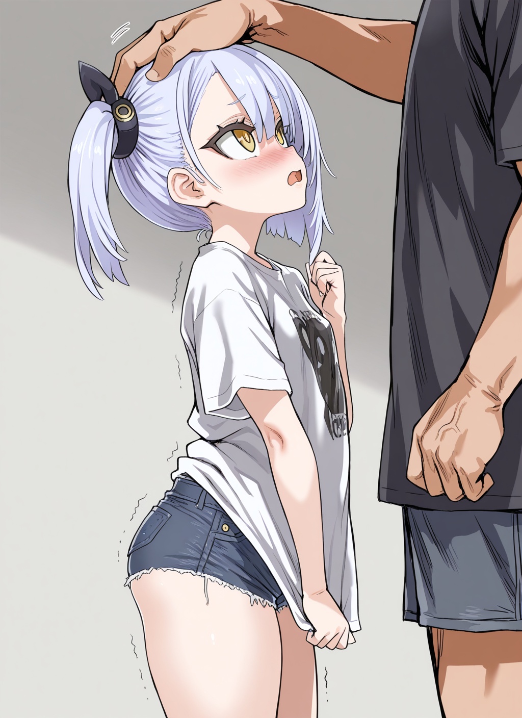<lora:oceana_IL_v1.0:1>,oceana \(azur lane\),yellow eyes,side ponytail,oversized clothes,t-shirt,denim shorts,asanagi,1girl,1boy,hand on another's head,from side,height difference,embarrassed,open mouth,looking up,trembling,cowboy shot,, masterpiece,best quality,
