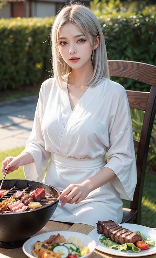 (masterpiece,best quality),(ultra-detailed),high quality,extremely detailed CG unity 8k wallpaper,(1girl),food,plate,(solo),(barbecue, Japanese style barbecue),Kaorou,realistic,cup,soup,meat,spoon,holding,<lora:秦瑶QinyaoR5-000008:0.7:1,1,1,1,1,1,1,1,1,1,1,1,0,0,0,1,1>,1girl,solo,qinyao,(Silver hair:1.1),(white hair:1.2),looking at viewer,green dress,skirt,outdoors,bowl,formal,table,sitting,parted lips,salad,lemon,chair,photo background,<lora:Kaorou_20231214101736-000004:0.0>,<lora:Kaorou_20231214101736-000005:0.7>,<lora:Kaorou_20231214101736-000006:0>,<lora:Kaorou_20231214101736-000016:0.>,<lora:Kaorou_20231214101736-000017:0.0>,<lora:Kaorou_20231214101736-000018:0.0>,