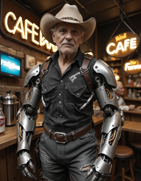 1man, hyperrealism, (photorealistic:1.2), (film grain:1.3), masterpiece, best quality, perfect detail, cinematic lighting, professional photo, realistic photo, raw photo, cyberpunk style, gray-haired old man, torn clothes, cowboy hat, (mechanical arms  :1.3), (cyborg:1.3), fantastic cafe, future, neon light, little light, looking at viewer, Photo realistic, hyper detail, hyper realistic