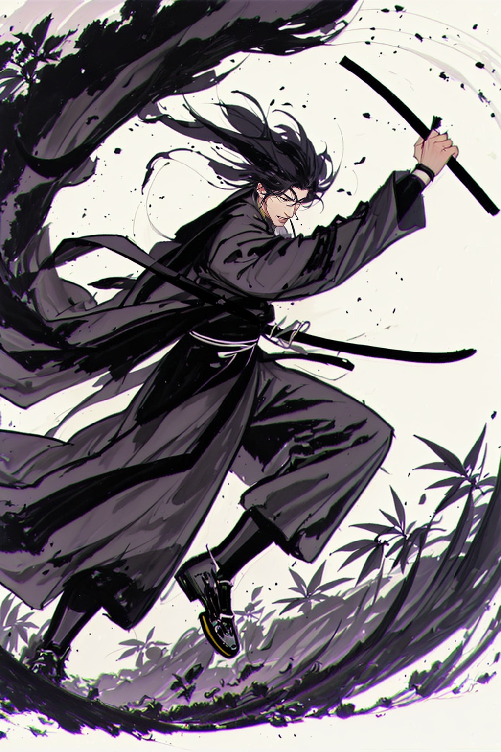 shuimo,<lora:**_v1.0:0.8>,1boy,solo,young swordsman,qingshan zhangjian,leap over the bamboo forest,sunshine mottled,vibrant and vibrant,national style comics,spring is everywhere,tripartite composition,dynamic perspective,