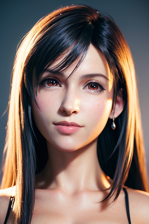 tifa, 1girl, solo, looking at viewer, portrait, grey background, collarbone, smile, closed mouth, front view,Best quality,masterpiece,ultra high res,<lora:tifa3rface-000005:0.7>,