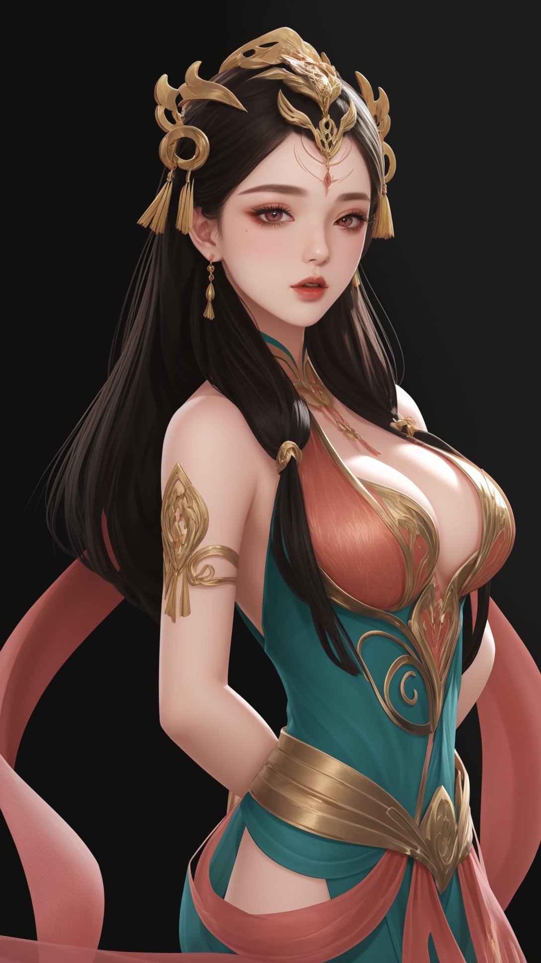 (1girl),smooth chin,masterpiece,detailed face,((hair ornament:1.2)),top quality,4k,make up,best quality,large breasts,(looking at viewer),red ribbon,dress,arms behind back,(wariza),shawl,detached sleeves,chinese building,forehead mark,golden hair ornament,<lora:王者杨玉环原皮_v1.1:0.7>,