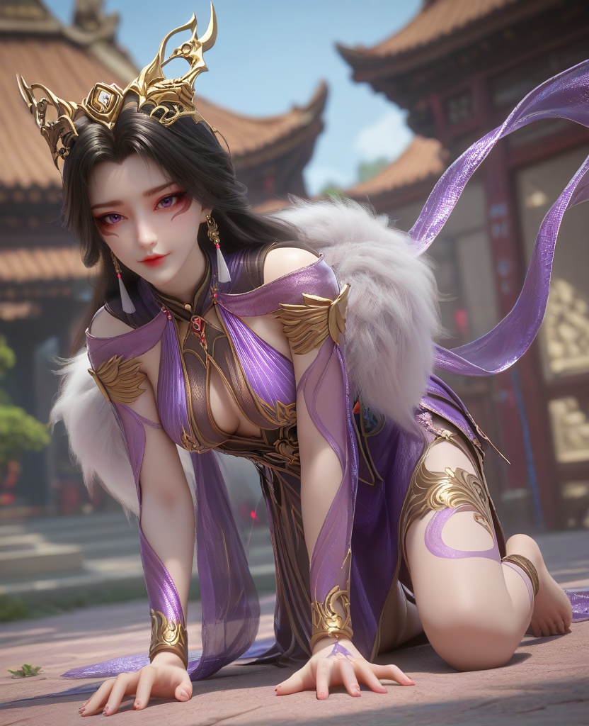 (oriental architecture, elegant decor, sophisticated style:1.1),(on all fours:1.1),(breasts:1.2),<lora:XL16百炼成神司妙玲:0.95>,miss simiaoling,purple dress,purple eyes,lips,eyeshadow,facial mark,black hair,long hair,hair ornament,earrings,jewelry,fur shawl,sash,black underskirt,anklet,leg tattoo,barefoot,, zPDXL2, score_9, score_8_up, score_7_up BREAK realistic, masterpiece,best quality, highly detailed,, zPDXL3, zPDXL2,zPDXL, zPDXLxxx, zPDXLrl,