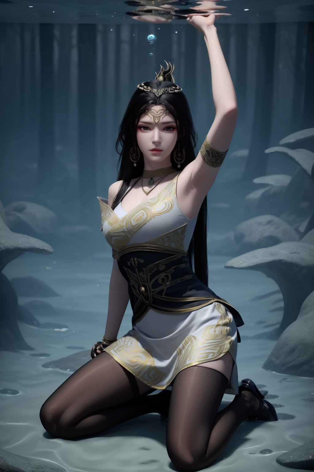 1girl,underwater,submerged,floating hair,air bubble,holding breath,see-through,masterpiece,best quality,highly detailed,fish,(wide hip:1.2),jellyfish,earrings,hair ornament,sea weed,coral reef,shark,sea turtle,sexy pose,kneeling,chinese dress,chinese clothes,big breasts,(looking at viewer:1.2),black pantyhose,arms up,torn pantyhose,