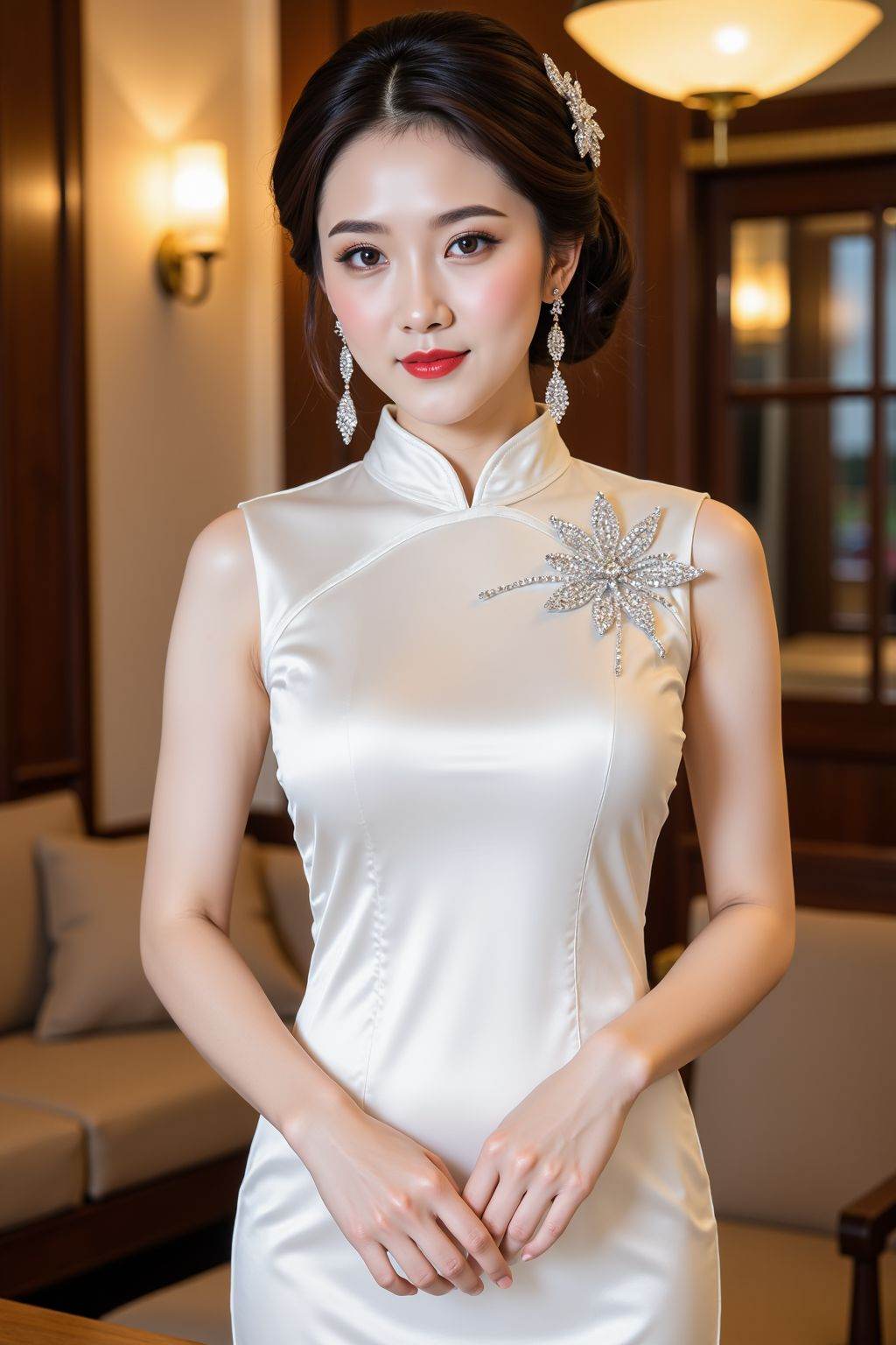 The image features a woman dressed in a sleek, white cheongsam (qipao) with a high, mandarin-style collar. The dress has a fitted silhouette, with a decorative embellishment on the left shoulder—likely a floral arrangement of sparkling rhinestones or crystals. Her hair is styled in an elegant updo, adorned with a matching crystal hair accessory. She wears long, dangling crystal earrings that complement the dress’s embellishments. Her makeup includes bold red lipstick, and her expression is composed. The background is an indoor setting with warm, ambient lighting: soft yellow lights (possibly from a chandelier) and wooden furniture, including a sofa and a table. The overall atmosphere is refined and sophisticated, with the dress’s satin-like sheen catching the light, creating a luxurious appearance.,