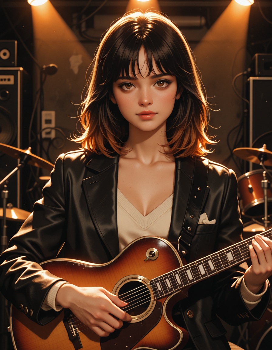 girl playing guitar in a heavy metal concert,  eh80s on Tensor.Art