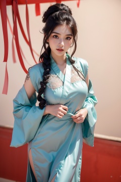 opera stage,(girl in hanfu:1.2),Vass Roland cover art body art future bass girl un wrapped smooth body fabric folds statue bust curls of hair petite lush front view body photography model full body curvebody art vibrant opera background Jonathan of metal skin material