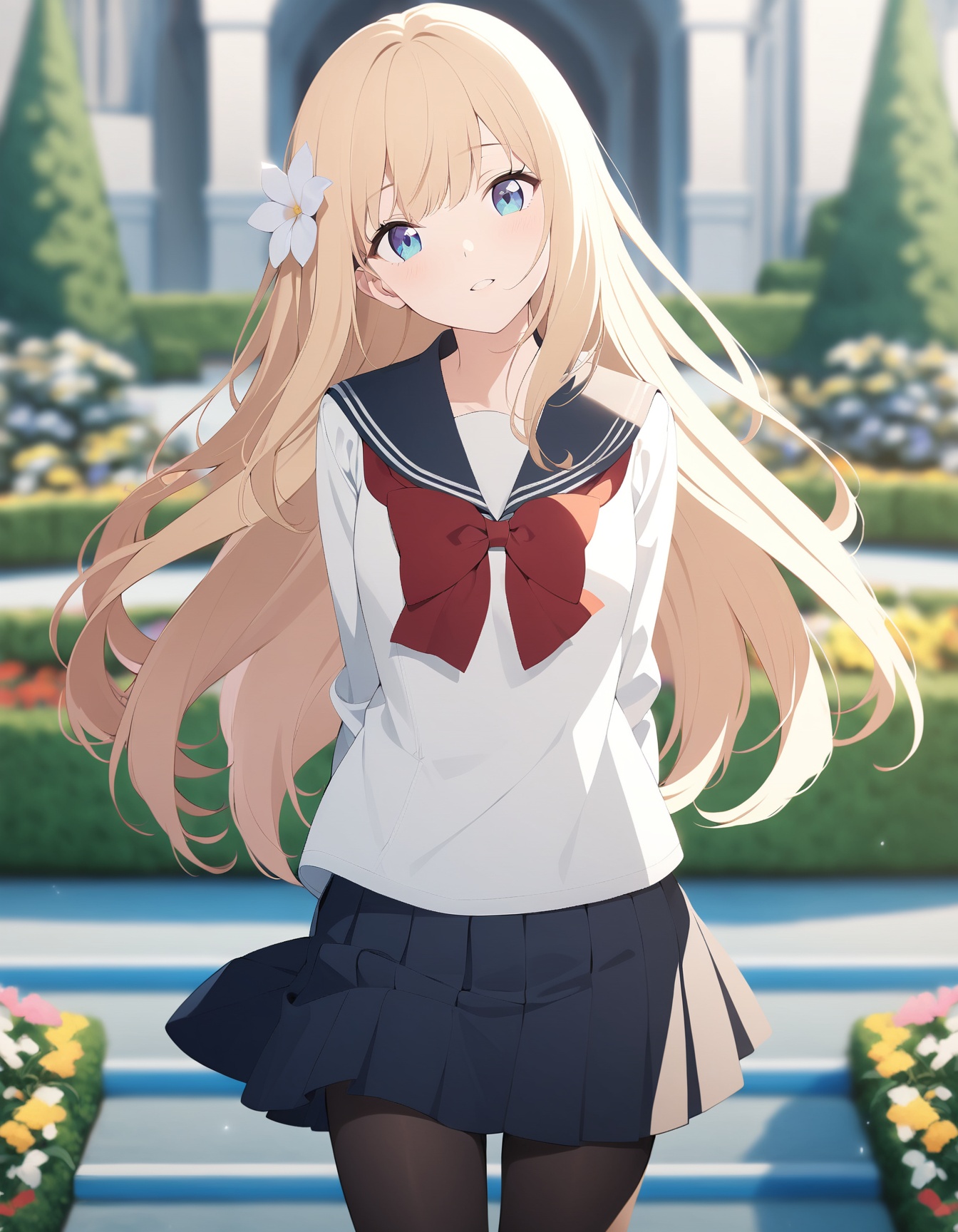 1girl,long hair,solo,blue eyes,serafuku,hair_flower,blonde hair,long sleeves,pleated,clear eyes,look at viewer,depth of field,black pantyhose,happy,parted lips,red bow,cowboy shot,arms behind back,peace sign,white shirt,garden,legs apart,head tilt,
