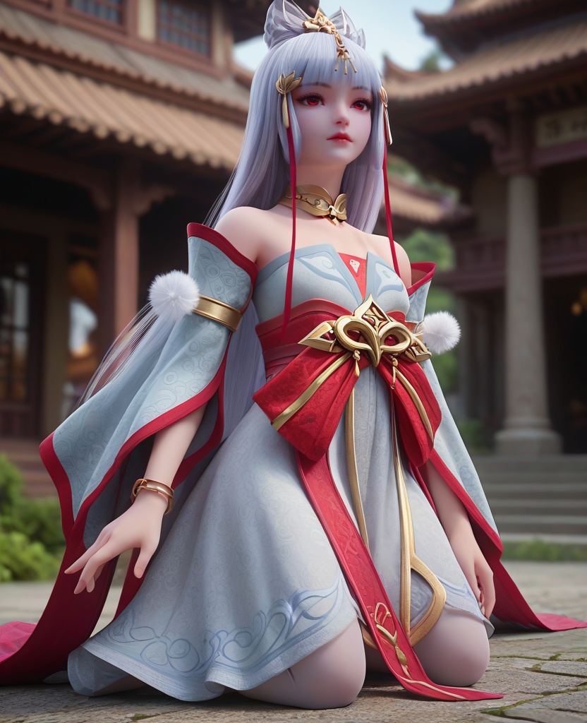 (oriental architecture, elegant decor, sophisticated style:1.1),Kneeling, one hand on the ground, looking forward,,(breasts:1.2),<lora:XL完美世界太阴玉兔:0.8>,miss taiyinyutu,petite girl,solo,white strapless dress,detached sleeves,red eyes,white hair,long hair,blunt bangs,hair bow,hair ribbon,lips,bow sash of red,jewelry,bangle,choker,pom pom \(ornament\),chiffon  petticoat,clothing patterns,eyelashes,, zPDXL2, score_9, score_8_up, score_7_up BREAK realistic, masterpiece,best quality, highly detailed,, zPDXL3, zPDXL2,zPDXL, zPDXLxxx, zPDXLrl,