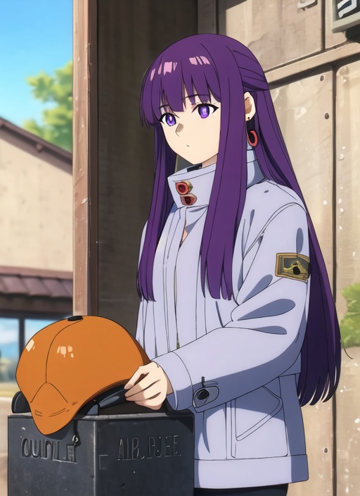 1 Girl,outdoor,purple eyes,purple hair,long hair,jacket,jewelry,mailbox,looking at the audience,orange pants,construction,earrings,power cord,long sleeves,green jacket,<lora:fulilian1.0:0.9>,