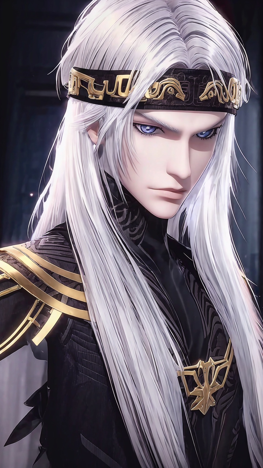 1boy,male focus,solo,headband,white hair,armor,long hair,looking at viewer,curtains,grey eyes,<lora:Weizhuang man Boy Handsome boy_20240829170049:0.8>,full_shot,incredibly absurdres,wallpaper,moody lighting,<lora:MN:0.4>,