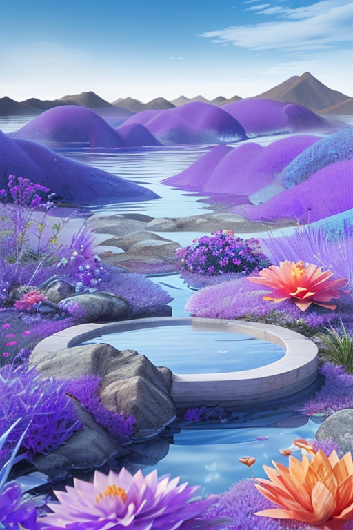 pd_3dcaodi,Outdoor,no humans,landscape,sky,flowers,blue sky,mountains,water,rocks,purple blue grass,<lora:PD_3Dcaodi_V1-000014:0.7>,
