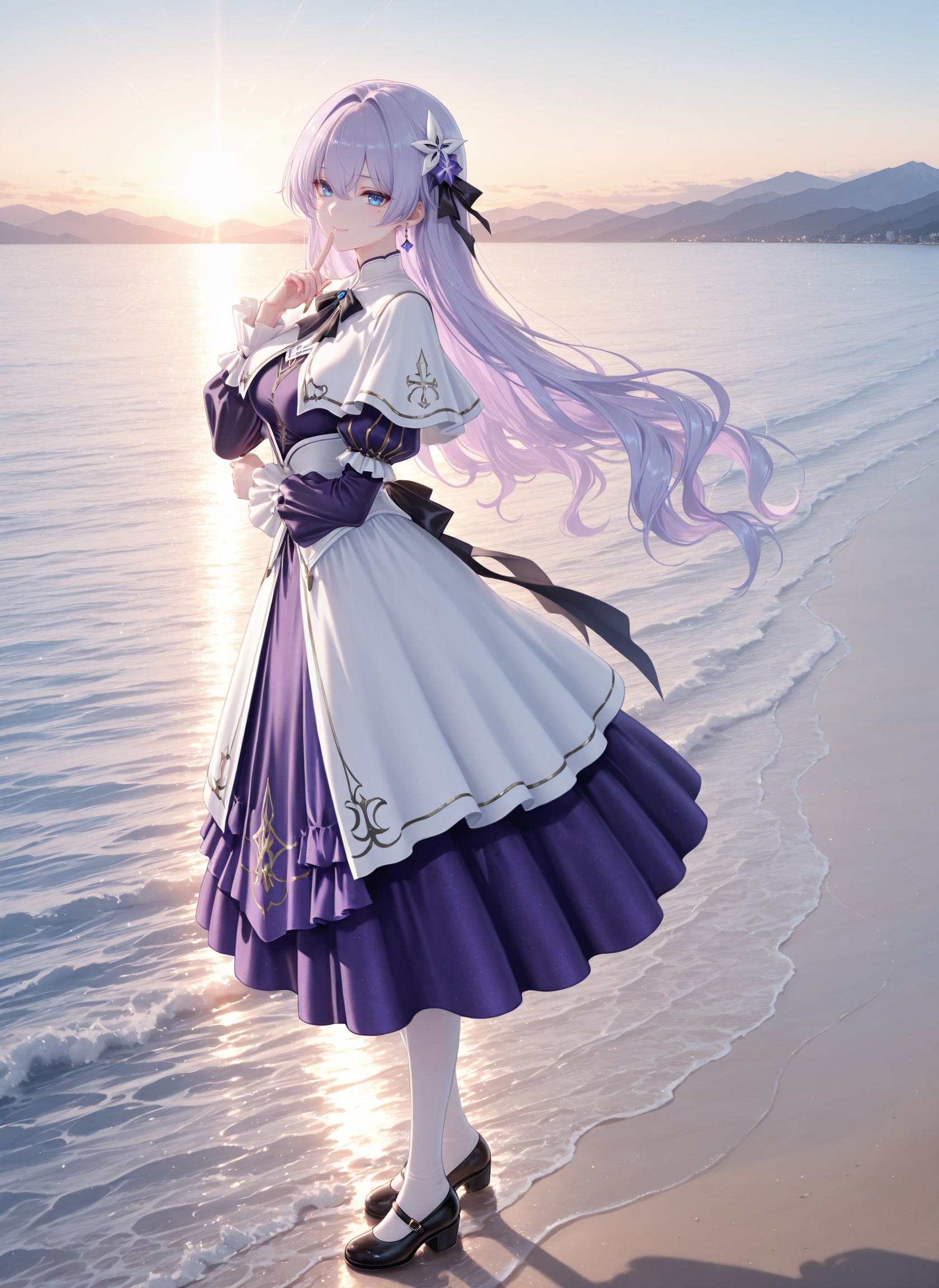 masterpiece,best quality,newest,absurdres,highres,soft shadows,year2024,mutou kurihito,(kimishima ao:0.7),(hiten \(hitenkei\):0.4),(sheya:0.4),<lora:Cantarella youngXLNAI:1>,Cantarella (\young\),1girl,light purple hair,blue eyes,hair ornament,hair between eyes,mole under eye,earrings,white capelet,puffy sleeves,long sleeves,purple dress,white dress,ocean,standing,finger to mouth,smile,full body,mary janes,sunlight,mountainous horizon,