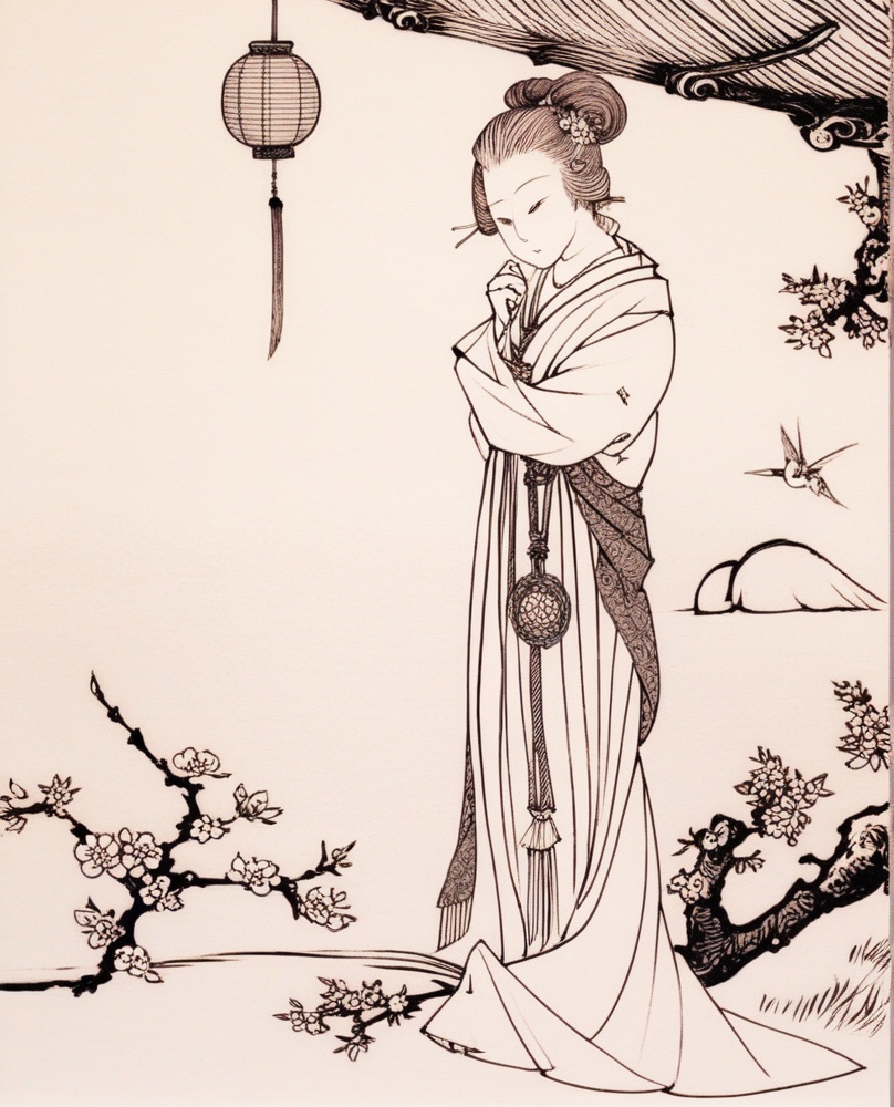 1girl, solo, horns, hand fan, japanese clothes, brown hair, long hair, looking at viewer, pointy ears, flower, hair ornament, holding, hair flower, kimono, twintails, gloves, parted lips, pink flower, bare shoulders, hair bun, cherry blossoms, off shoulder, , B&W,line art,, monochrome, greyscale, fine art parody