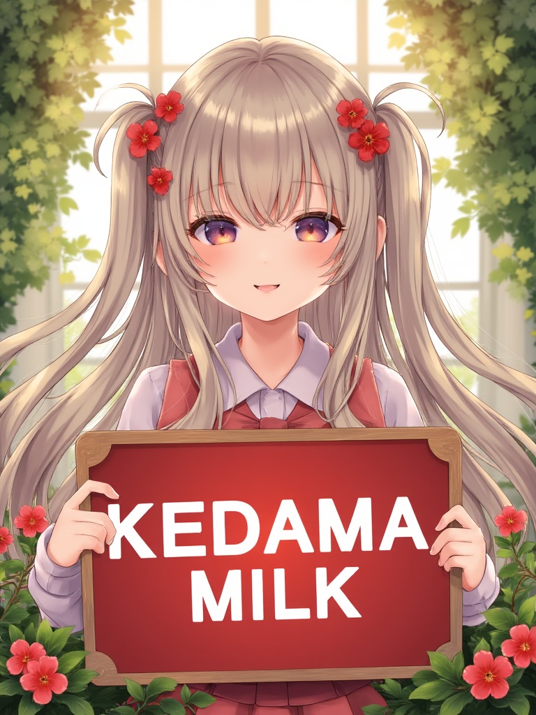 kedamamilk,  a girl with long,  flowing grayish-brown hair adorned with small on Tensor.Art