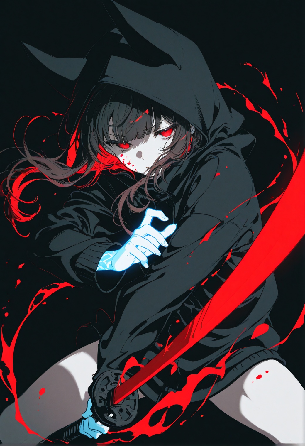 masterpiece,best quality,amazing quality,very aesthetic,absurdres,newest,(yoneyama mai),(noyu (noyu23386566)),(wanke:1.1),(senpen:1.1),lineart,monochrome,(red sword:1.2),(fighting stance:1.2),(disheveled hair:1.1),(dark theme:1.2),chiaroscuro,foreshortening,(colorful splashes:1.1),(shining:1.1),(focus on face:1.1),Glowing skin,Strong contrast,long sleeves,simple background,red eyes,weapon,hood,black background,sword,hooded jacket,jacket,hood up,red long hair,glowing,half-closed eyes,looking at viewer,