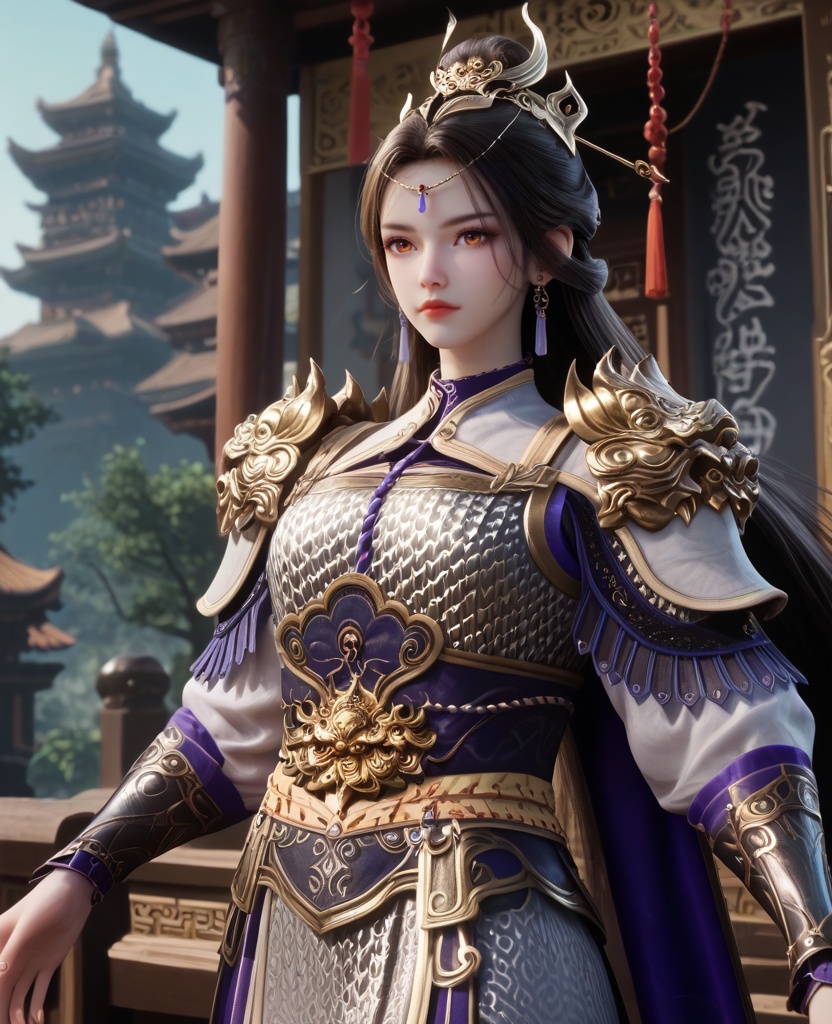 (oriental architecture, elegant decor, sophisticated style:1.1),(wariza:1.1),(breasts:1.2),<lora:XL16牧神记虞渊初雨:0.95>,female general,white armor,orange eyes,forehead pendan,black hair,very long hair,half-up braid with long cascading hair,earrings,pauldrons,vambraces,sash,faulds,purple cape,jambeau,, score_9,score_8_up,score_7_up,score_6_up,score_5_up,score_4_up,3d rendering,tag1,tag2, Cinematic Lighting,backlighting,