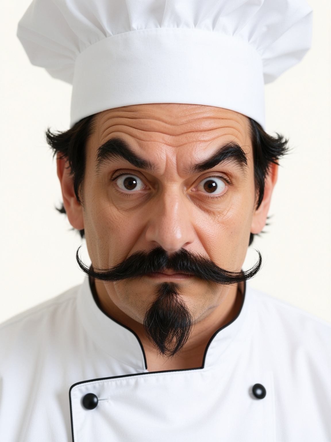 Bradhamel art style. A close-up portrait of a stern,  exaggeratedly expressive chef with deeply wrinkled forehead,  thick...